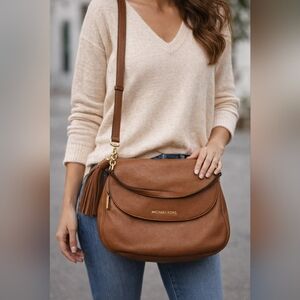 Michael Kors Medium Brown Pebbled Leather Crossbody Bag Tassel Gold Hardware